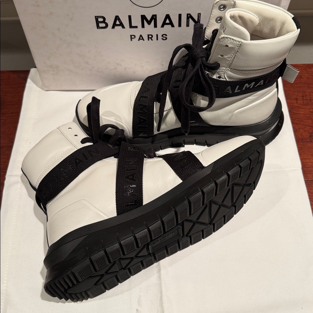 BALMAIN PARIS B TROOP HI-TOP SNEAKERS IN WHITE LEATHER W/BLACK LACES STRAPS EU40 - Picture 13 of 15